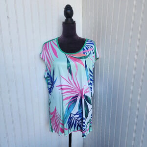 Reel Legends Tec Floral Short sleeved Fishing Shirt Women's Green Pink Palm 2X